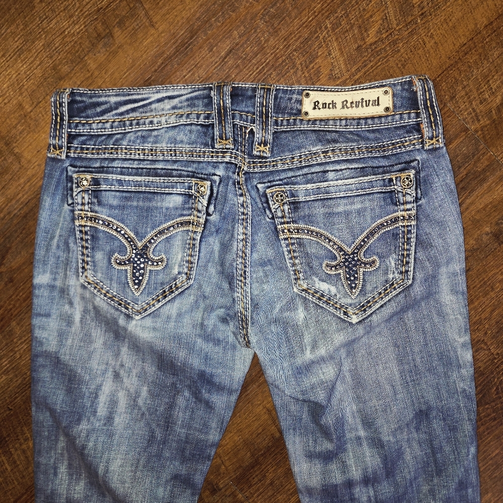 Rock Revival Womens Jeans Denisa Bootcut Low Rise Distressed Bling Sz 29 (30x31) - Picture 3 of 11